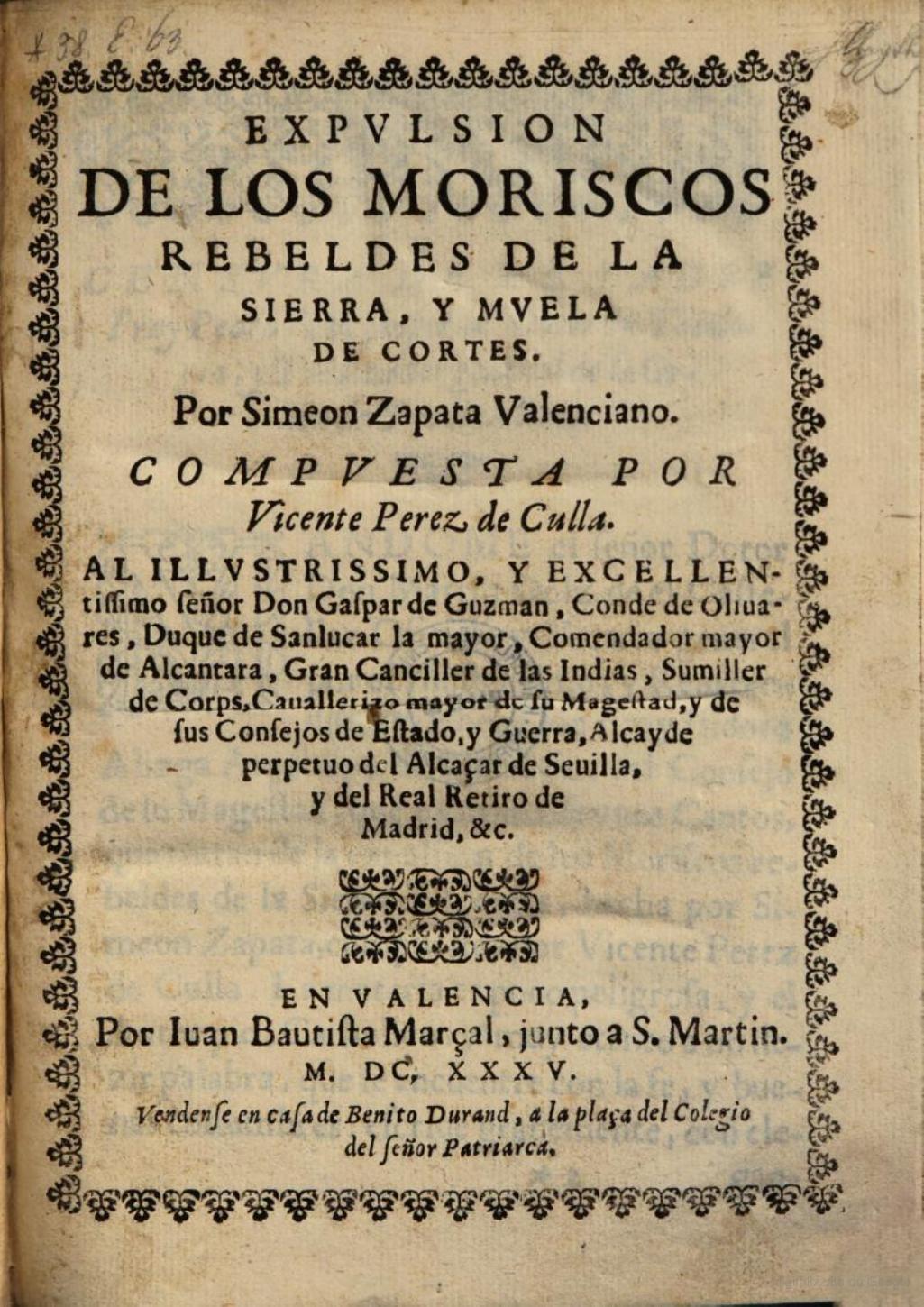 Expulsión de los moriscos rebeldes de la Sierra y Muela de Cortes, Valencia, 1635