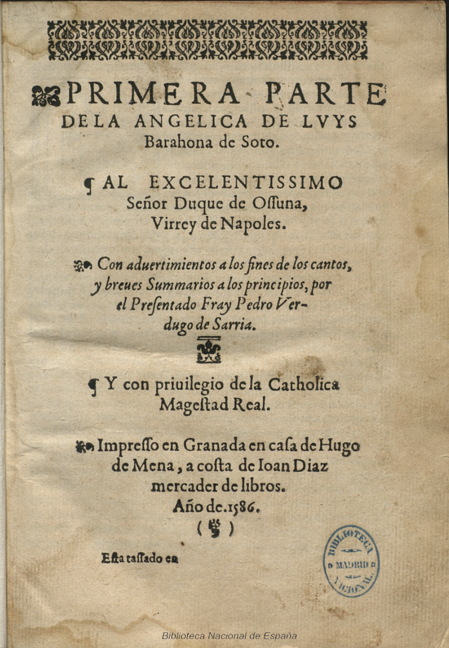 Las lágrimas de Angélica, Granada, Hugo de Mena, 1586
